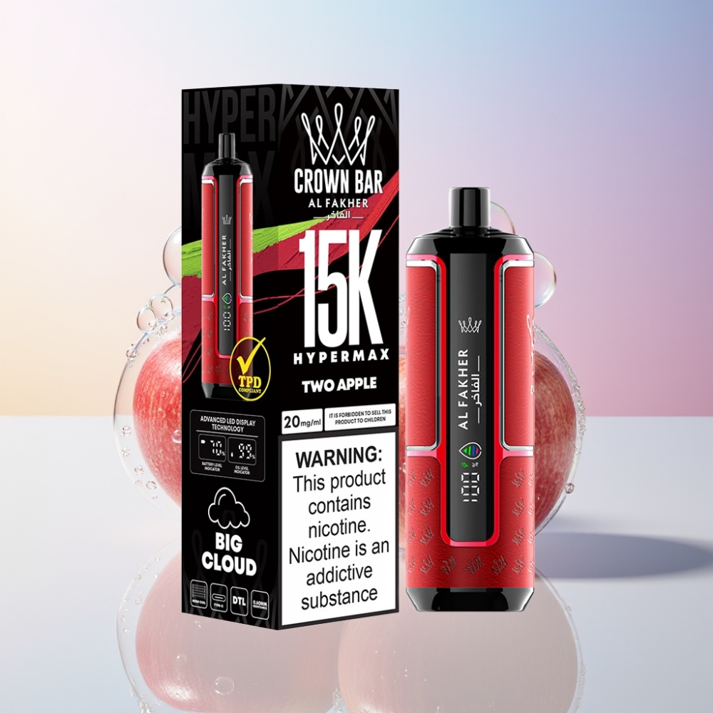 Al Fakher Crown Bar 15K Hypermax Disposable Vape Kit Australia Wholesale - 22ml, 600mAh, 15K Puffs, DTL, 6mg, Two Apple