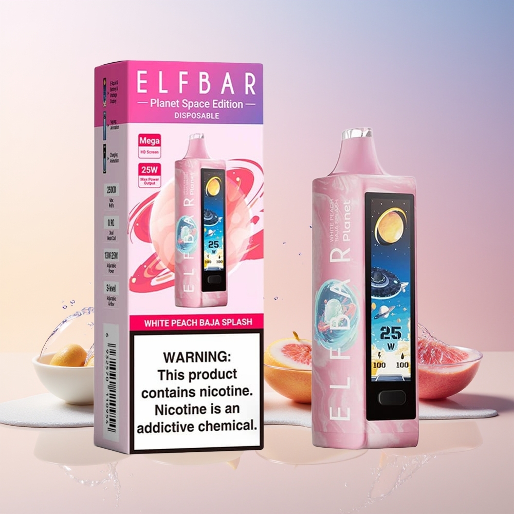 Elf Bar Planet 25000 Puffs Disposable Vape – 5% Nicotine, 18mL, 800mAh Rechargeable, Mesh Coil (White Peach Baja Splash) | Australia Wholesale