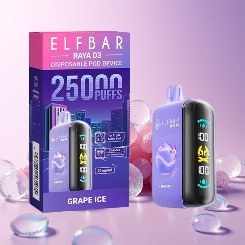 Australia Wholesale ELF BAR RAYA D3 25000 Puffs Disposable Vape – 23ml Pre-Filled, 5% Nicotine, Type-C Rechargeable, Grape Ice