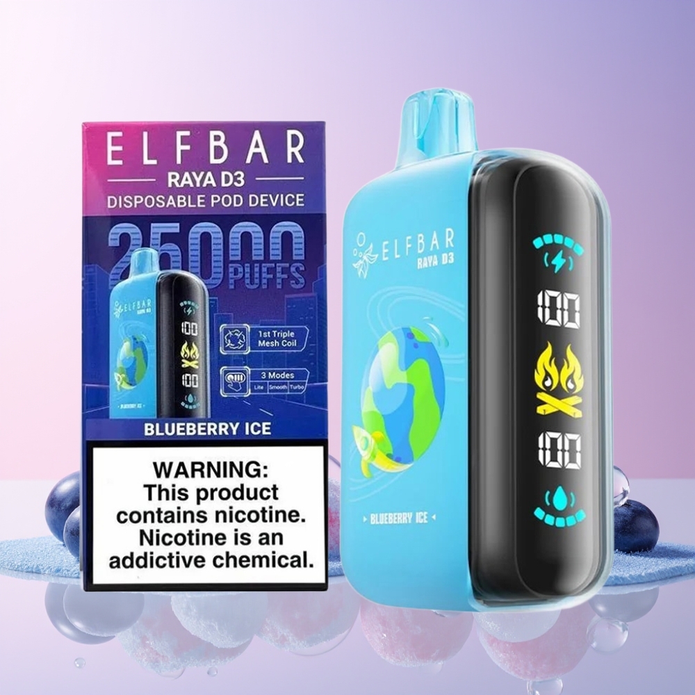 ELF BAR RAYA D3 25,000 Puffs Disposable Vape – 23mL 5% Nicotine, Type-C Rechargeable, Large Screen – Blueberry Ice (Australia Wholesale)
