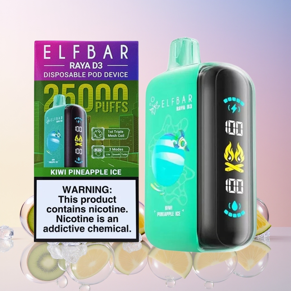 ELF BAR RAYA D3 Australia Wholesale – 25K Puffs, 23mL, 5% Nicotine, Rechargeable 850mAh (Kiwi Pineapple Ice)