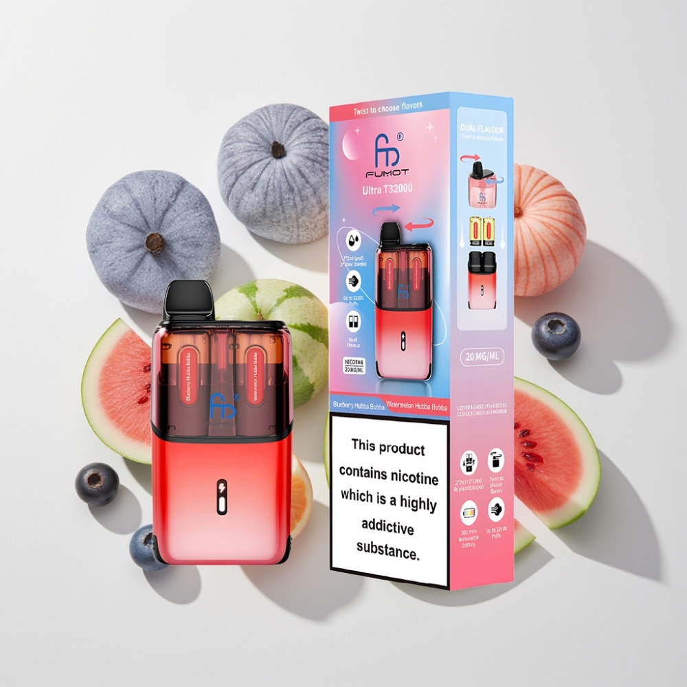 Fumot Ultra T32000 Australia Wholesale Disposable Vape with 24ml E-Liquid & Type-C Fast Charging - Blueberry Hubba Bubba & Watermelon Hubba Bubba