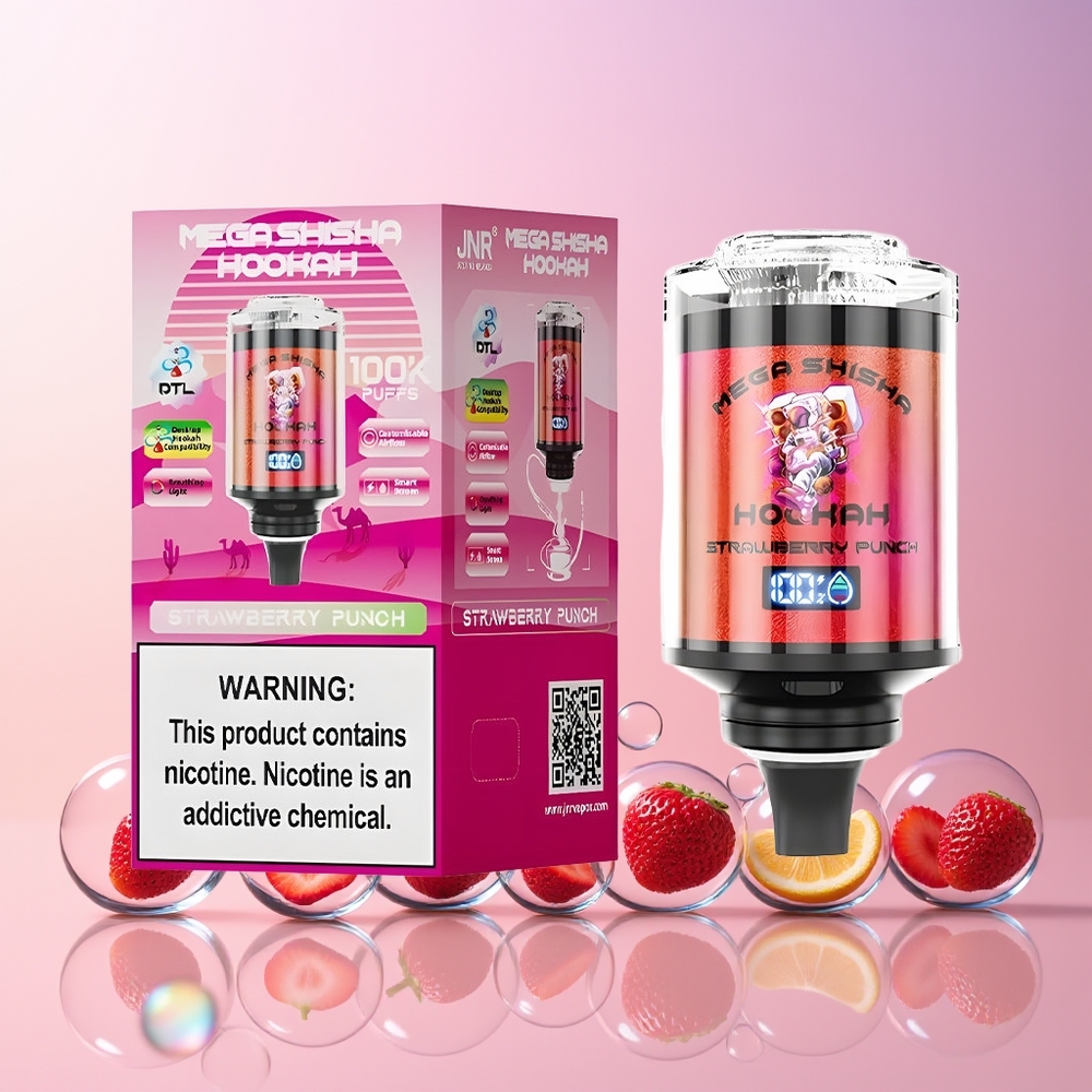 JNR Mega Shisha Hookah 100K – 60mL e-Liquid, 2200mAh Battery, Type-C Fast Charging, Adjustable Airflow – Australia Wholesale (Strawberry Punch)