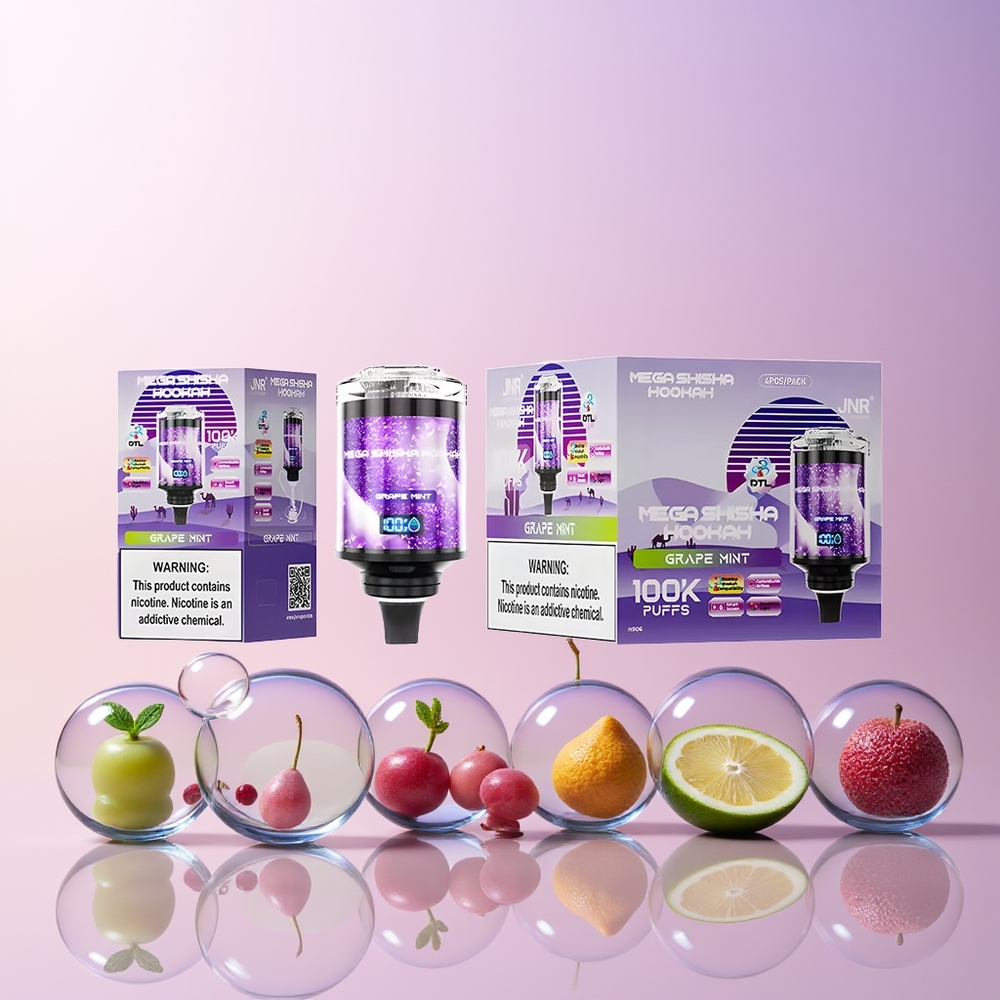 JNR Mega Shisha Hookah 100K – 60mL e-Liquid, 2200mAh Battery, Type-C Fast Charging, Desktop Compatibility (Grape Mint) | Australia Wholesale