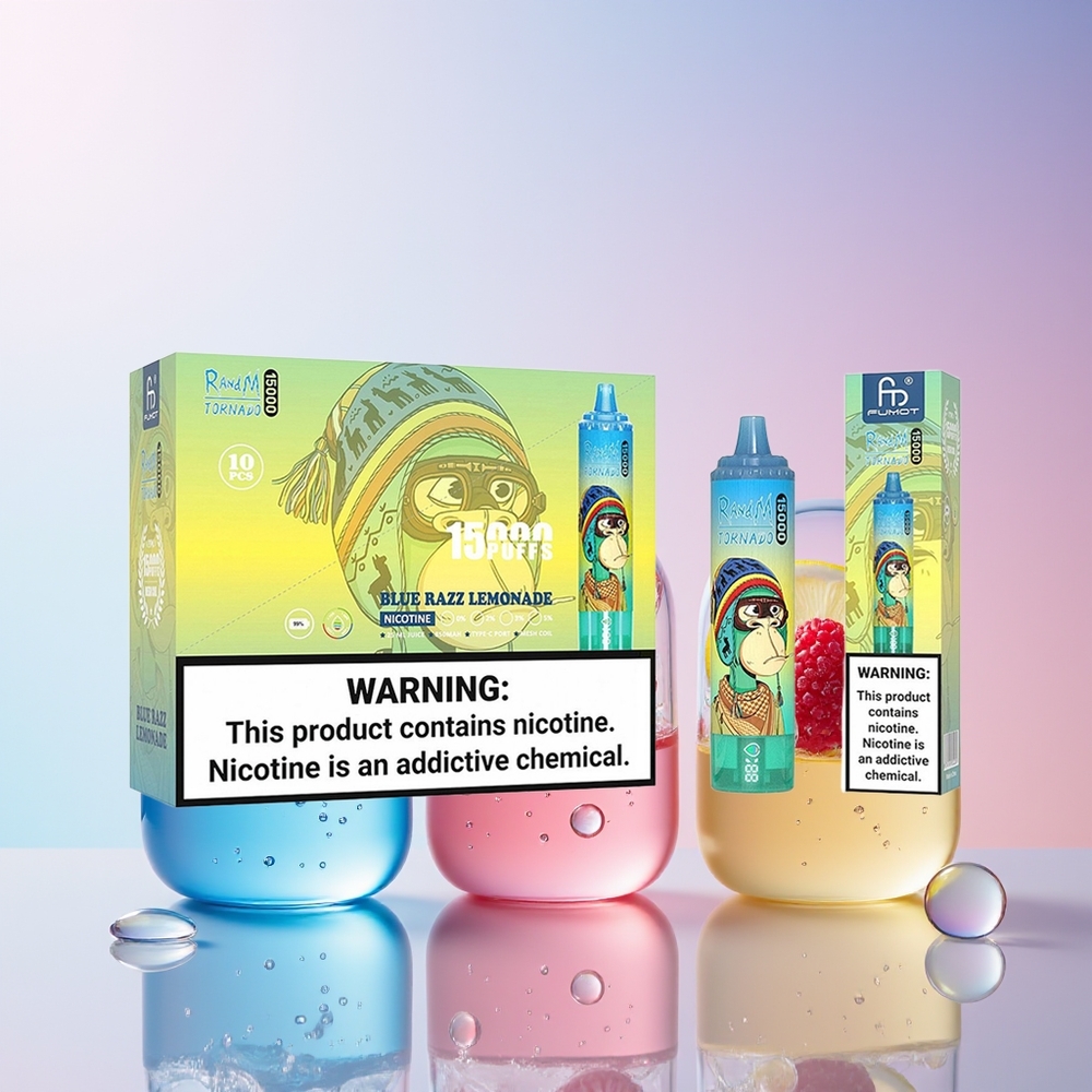 RandM Fumot Tornado 15000 Puffs Australia Wholesale – 25mL Mesh Coil, 850mAh, Type-C Rechargeable, LCD Display (Blue Razz Lemonade)