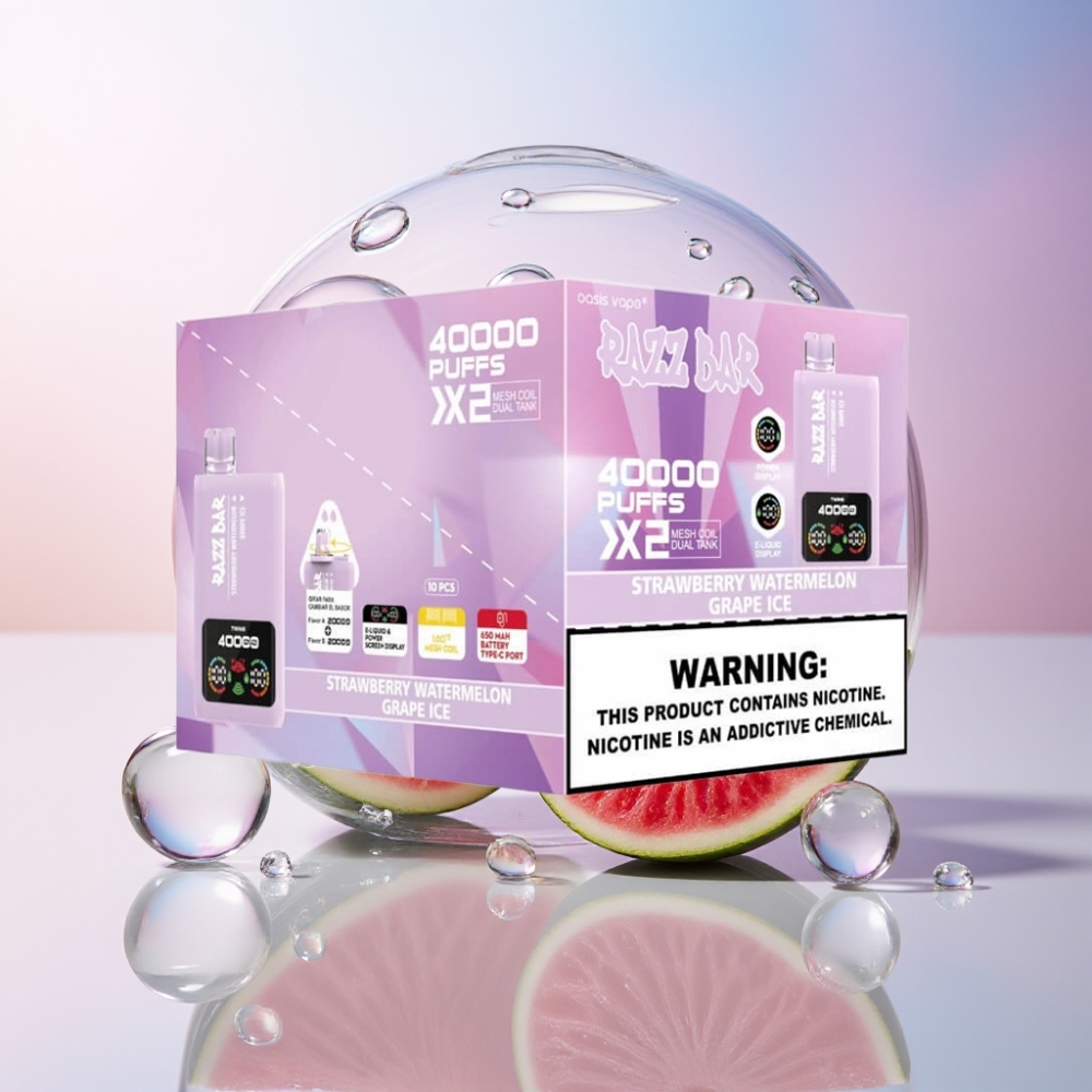 Razz Bar 40000 Puffs Disposable Vape with Power Screen Display & Mesh Coil - Strawberry Watermelon & Grape Ice - Australia Wholesale