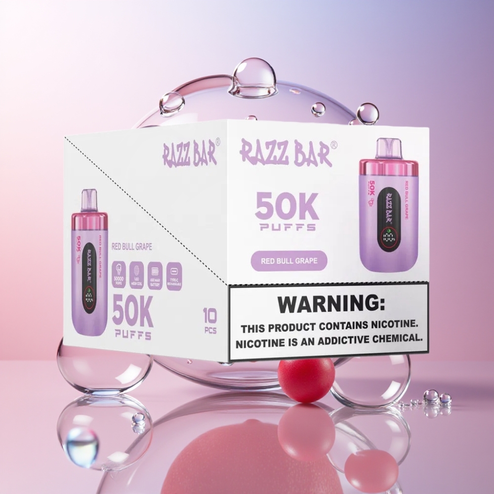 Razz Bar 50K Puffs Disposable Vape Australia Wholesale 50000 Puffs, 1.0 Ohm Mesh, Type-C Rechargeable, Red Bull Grape